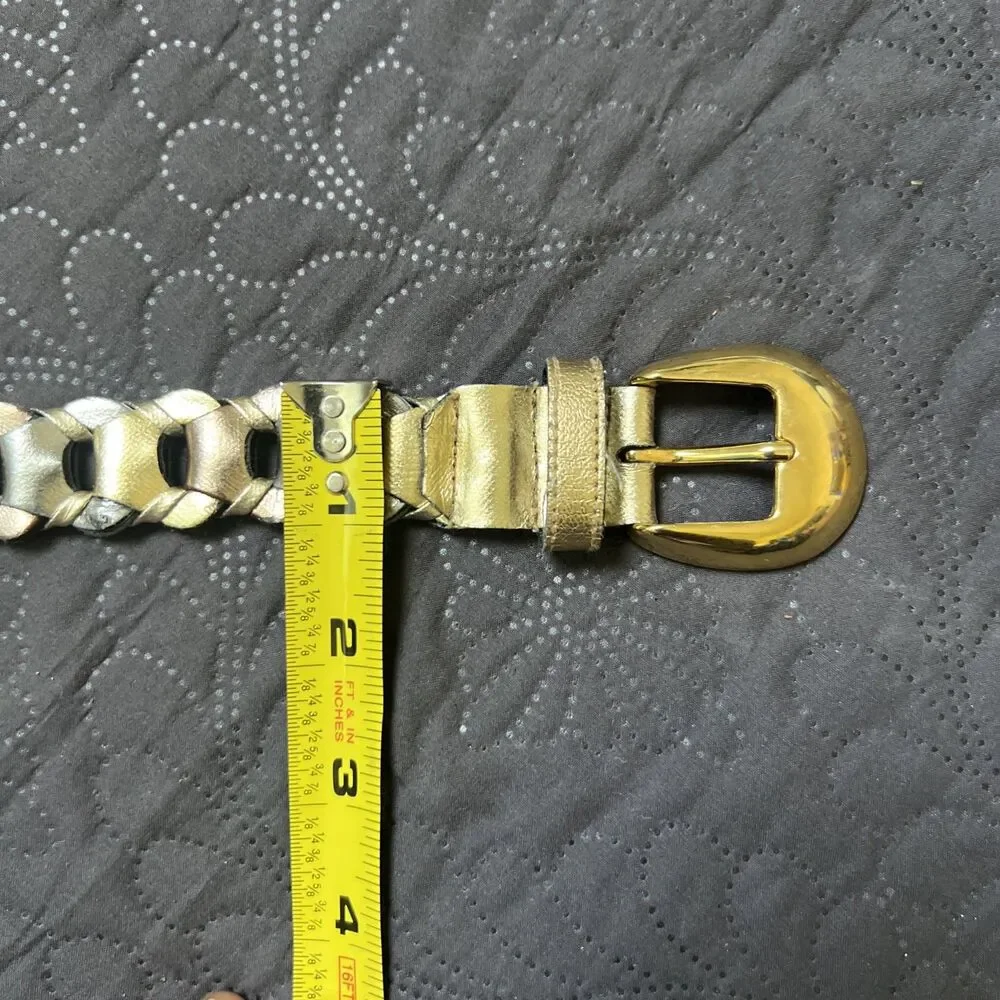 Vintage 70's Belt Adjustable Leather Metallic Glam Wrap Chain Gold Bronze Cream